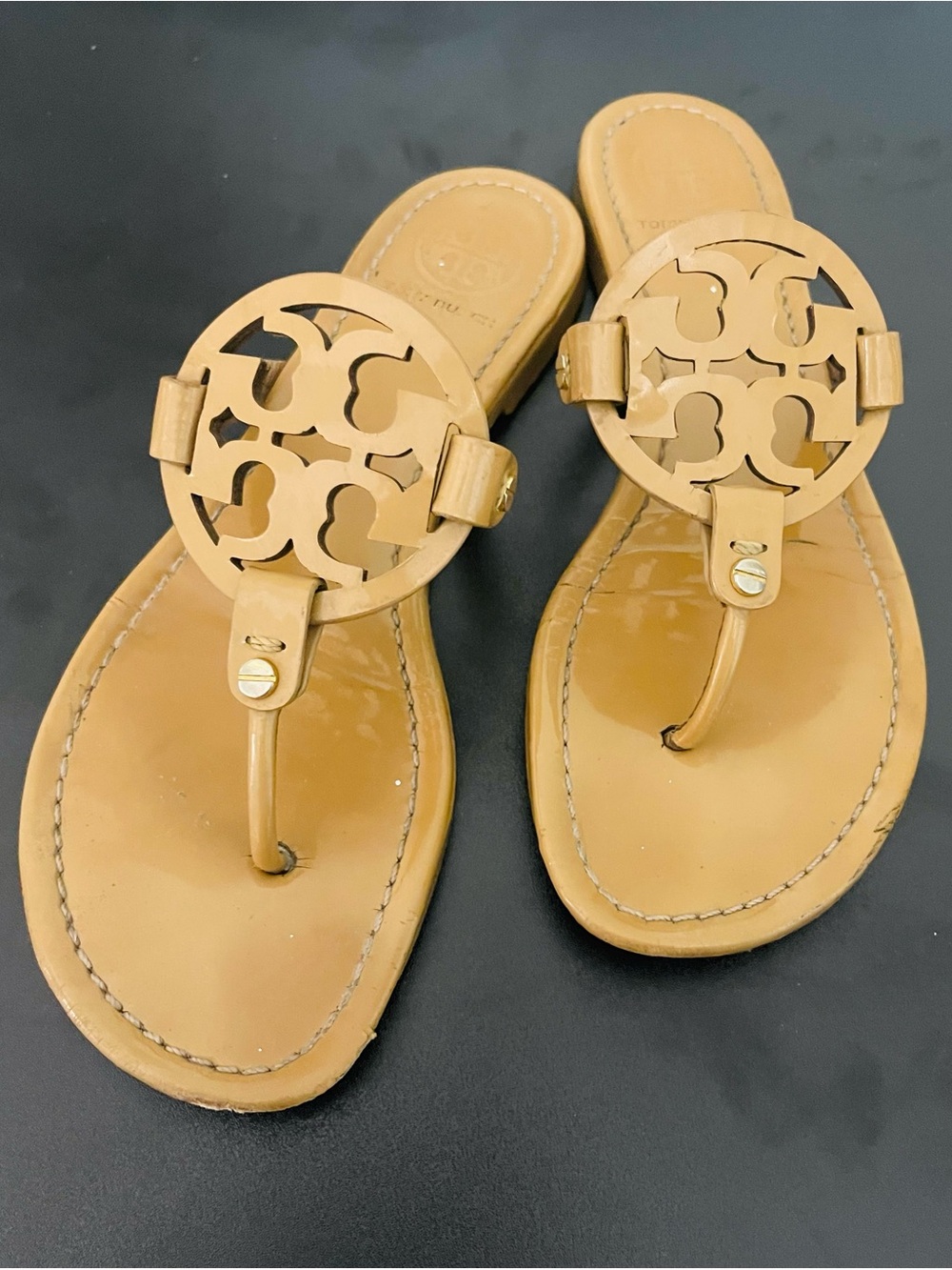 Tory Burch Camel Leather Logo Thong Sandals
